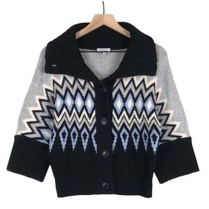 KINROSS Wool Cashmere Geometric Cardigan Sweater Women's XS Navy Gray 3/4 Sleeve